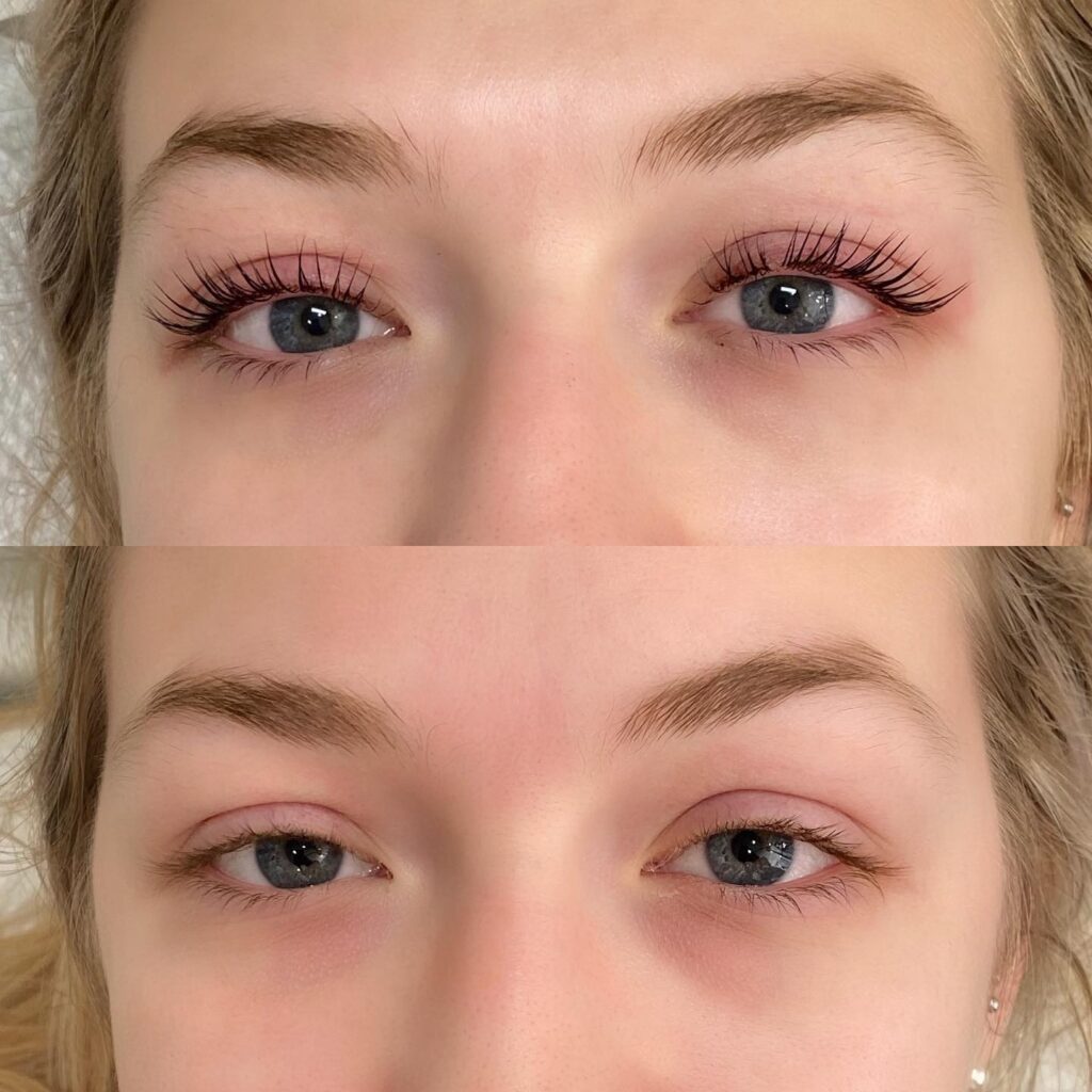 A close-up showing two pairs of blue eyes; the top image features curled, lifted eyelashes by Lakeland Lash & Brow Studio, while the bottom image shows natural, straight eyelashes.