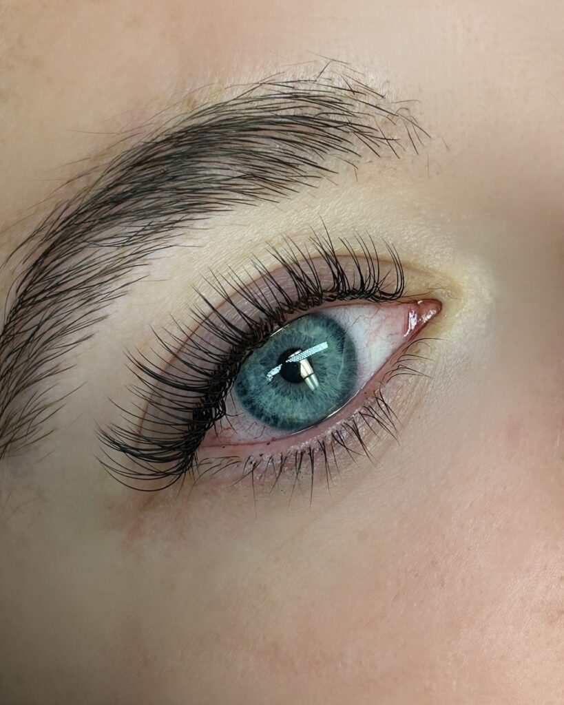 Close-up of a blue eye with long eyelashes and a well-groomed eyebrow, showcasing detailed skin texture and reflections in the eye—a perfect result from Lakeland Lash & Brow Studio.